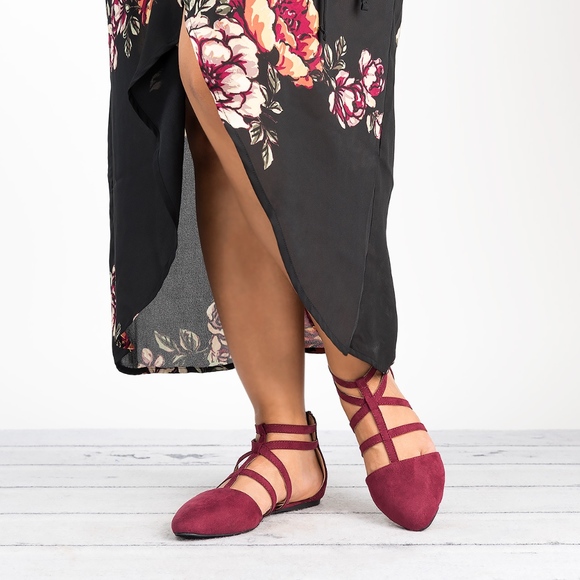 SunnyMia Shoes - Caged Wine Almond Toe Flats SunnyMia Shoes - Caged Wine Almond Toe Flats